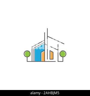 Linea eco arte città o edificio eco Logo Design modello. Minimalista, real estate, grigio, nero, arancione, blu, ecc. Illustrazione Vettoriale
