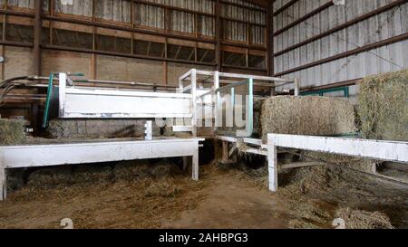 Non compresso in balle di fieno vengono ingeriti nel compattatore a Heidel cava di aziende agricole a conduzione familiare farm dal 1852 ed è attualmente un 1.800 acri di funzionamento in Germansville, PA, il 20 aprile 2011. Guidati dal Presidente David Fink si producono in prevalenza e fieno compatto per l'esportazione; inoltre essi crescono produrre su 300 acri per locali di vendita entro il 40 miglia di raggio. Con l'aiuto finanziario degli Stati Uniti Del Dipartimento dell'agricoltura (USDA) un pannello 896 solar array è stato recentemente installato su unfarmable diversione scava. Valore nominale a 200 kilowatt, essi sporgono 240 megawatt di energia elettrica che può essere prodotta ogni anno, providin Foto Stock