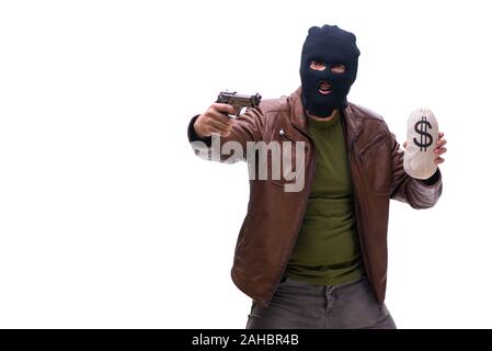 Il rapinatore indossando passamontagna isolati su sfondo bianco Foto Stock