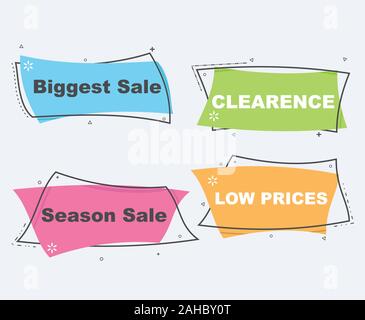 Raccolta di sconto Vendita banner in stile, emblemi, Etichette, Etichette nastro. Design piatto grande vendita, prezzo speciale, stagione e banner illustrazione vettoriale Illustrazione Vettoriale