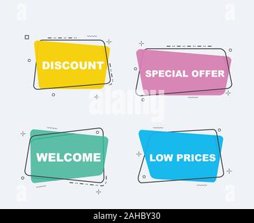 Raccolta di sconto Vendita banner in stile, emblemi, Etichette, Etichette nastro. Design piatto grande vendita, prezzo speciale, stagione e banner illustrazione vettoriale Illustrazione Vettoriale