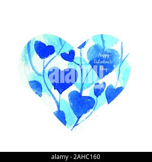 Acquerello cuore blu con un bordo in pizzo. germogli dai cuori Foto Stock