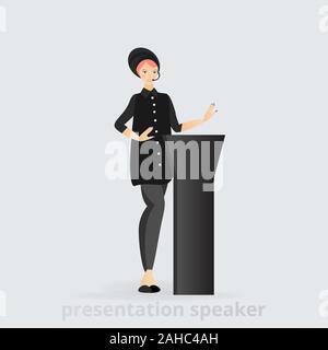 Cartoon bella donna sorridente speaker dando la parola da tribune business lady, illustrazione vettoriale, leadership caratteristica, professionale presentando cha Illustrazione Vettoriale