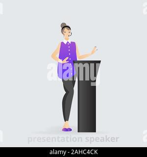 Cartoon bella donna sorridente speaker dando la parola da tribune business lady, illustrazione vettoriale, leadership caratteristica, professionale presentando cha Illustrazione Vettoriale
