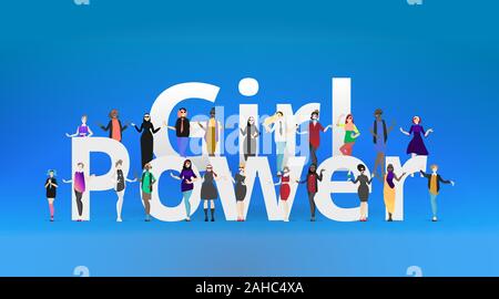 Group of diverse of different ethnicity women walking. Female empowerment movement. International girl power strong, strength, cartoon vector illustra Illustrazione Vettoriale