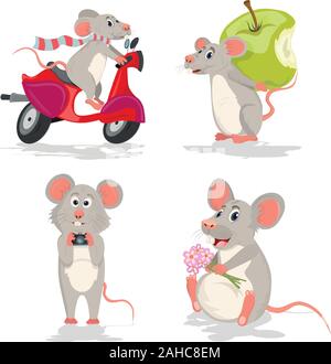 Set di vettore con il topo o ratto. Mouse su uno scooter, con mouse Apple Mouse con fotocamera e mouse con fiori Illustrazione Vettoriale