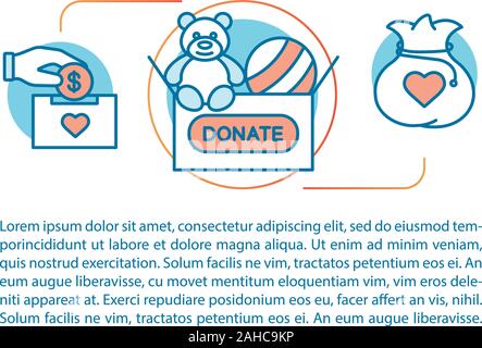 Concetto di donazione illustrazione lineare. Il volontariato. Fondazione di beneficienza. Donazione di Giocattoli. Articolo, brochure, la rivista il layout di pagina. Linea sottile icone wit Illustrazione Vettoriale