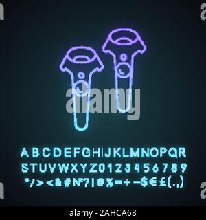 VR controller wireless luce al neon icona. La realtà virtuale gamepad. VR console di gioco, telecomando. Segno incandescente con alfabeto, numeri e simboli. Ve Illustrazione Vettoriale