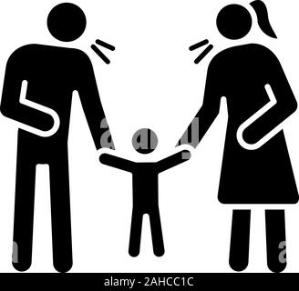 I genitori scolding bambino icona glyph. Simbolo di Silhouette. Il padre e la madre della disciplina kid. I genitori discutono e punire il figlio. I diritti del bambino la violazione. Neg. Illustrazione Vettoriale