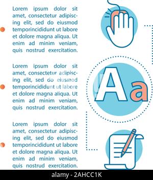 La scrittura di testo articolo pagina template vettoriale. Copywriting. Creazione di contenuti. Brochure, rivista, opuscolo elemento di design con icone lineare. La tipografia. Fo Illustrazione Vettoriale