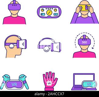 La realtà virtuale le icone a colori set. VR giocatori giochi, cuffie, controller, HUD, guanto, computer, video. La realtà virtuale i dispositivi. Vettore isolato illust Illustrazione Vettoriale