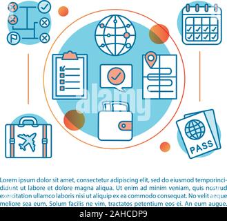 Pianificazione di un viaggio concetto lineare di illustrazione. La scelta di destinazione, il trasporto. Acquisto di biglietti e prenotazioni alberghiere. Articolo, brochure magazine pagina. Packin Illustrazione Vettoriale