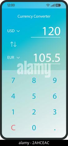 Convertitore di valuta app interfaccia dello smartphone template vettoriale. Mobile Pagina dello scambiatore blue design layout. La conversione di denaro schermata di calcolo. Gradie piatta Illustrazione Vettoriale
