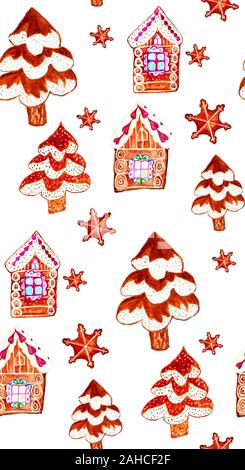 Natale seamless pattern con gingerbread cookies case e alberi, acquerello. Foto Stock