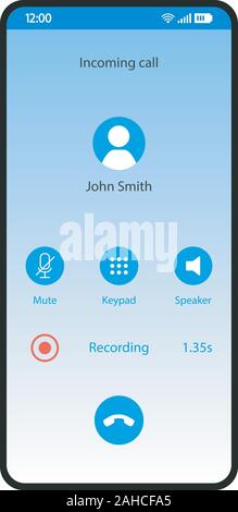 Registratore di chiamata interfaccia dello smartphone template vettoriale. Mobile App pagina blue design layout. On line la registrazione vocale sullo schermo. Mute, tastiera, tasti altoparlante g Illustrazione Vettoriale