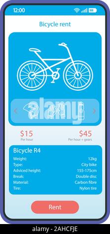 Trasporto affitto app interfaccia dello smartphone template vettoriale. Applicazione mobile blu pagina layout di progettazione. Noleggio biciclette online nella schermata di annuncio. Interfaccia utente di piatto. Bik Illustrazione Vettoriale