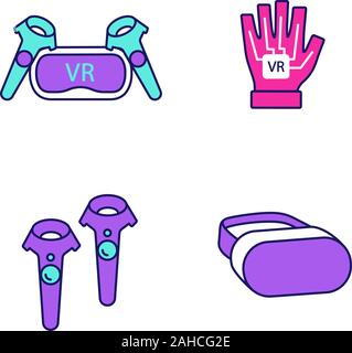 La realtà virtuale dispositivi icone di colore impostato. VR auricolare e controller wireless, guanto aptica. Isolato illustrazioni vettoriali Illustrazione Vettoriale