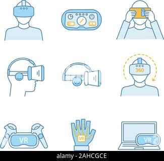 La realtà virtuale le icone a colori set. VR giocatori giochi, cuffie, controller, HUD, guanto, computer, video. La realtà virtuale i dispositivi. Vettore isolato illust Illustrazione Vettoriale
