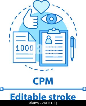 Concetto di CPM icona. Pay per mille opinioni e impressioni. SMM. Il social media marketing. Campagna pubblicitaria. Idea di una linea sottile illustrazione. Vector isola Illustrazione Vettoriale