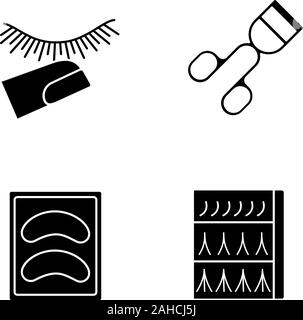 Extension delle ciglia glifo set di icone. Simboli di Silhouette. Interrompere toccando le ciglia, bigodino, monouso ombretto pastiglie, extension delle ciglia di imballaggio. Vettore è Illustrazione Vettoriale