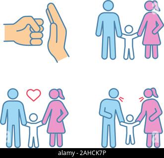 Custodia bambino colore set di icone. La custodia dei bambini. Famiglie felici. La violenza domestica, positivo parenting, genitori scolding bambino. Isolato illustrazioni vettoriali Illustrazione Vettoriale