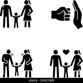 Custodia bambino glifo set di icone. Simboli di Silhouette. La custodia dei bambini. Famiglie felici. La violenza domestica, positivo parenting, genitori scolding bambino. Vettore è Illustrazione Vettoriale