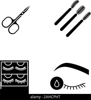 Extension delle ciglia glifo set di icone. Simboli di Silhouette. Forbici, mascara monouso wands, ciglia finte imballaggio, primer per extension delle ciglia. Vecto Illustrazione Vettoriale