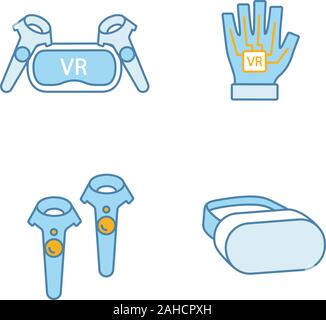 La realtà virtuale dispositivi icone di colore impostato. VR auricolare e controller wireless, guanto aptica. Isolato illustrazioni vettoriali Illustrazione Vettoriale