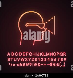 VR player vista laterale della luce al neon icona. La realtà virtuale lettore. Occhiali 3D. Segno incandescente con alfabeto, numeri e simboli. Vettore illustrazione isolato Illustrazione Vettoriale