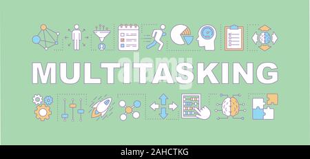 Il Multitasking parola concetti banner. HR soft skills. Critica e pensiero analitico. Isolato caratteri tipografici idea con icone lineare. Professiona Illustrazione Vettoriale