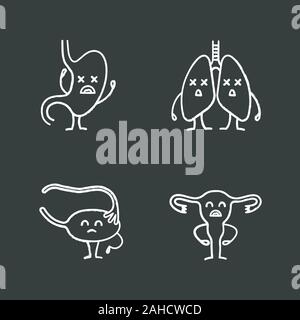 Triste umana organi interni caratteri chalk set di icone. Stomaco infelice, polmoni, ovaia, utero. Malsana apparato digerente, respiratorio, riproduttiva femminile sys Illustrazione Vettoriale