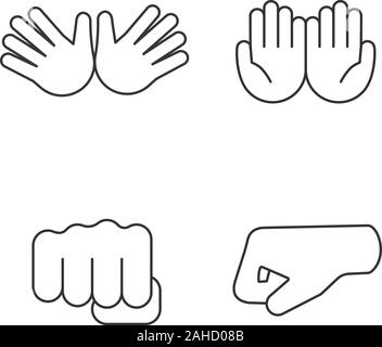 Mano emojis movimenti lineari di set di icone. Linea sottile simboli di contorno. Jazz, abbraccio, elemosinare gesticolando, punzonatura pugni. A tazza aperta e palme. Vecto isolato Illustrazione Vettoriale