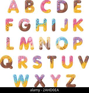 Donut alfabeto cartoon vector set. Biscuit grassetto font style. Vetrata lettere capitali di glassa. Invitante design piatto tipografia. Biscotti, cialde, choco Illustrazione Vettoriale