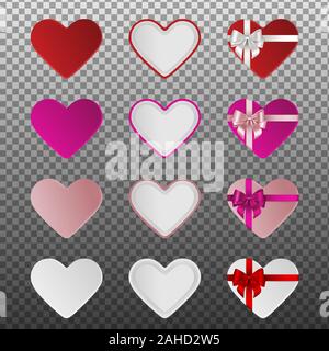 Impostare cuore confezioni regalo con archetti e nastri per il giorno di san valentino decorazioni Foto Stock