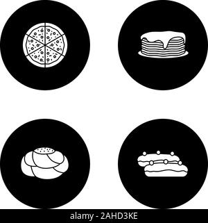 Glifo da forno set di icone. Pizza, frittelle pila, pasticceria pane, ECLAIR. Vettore silhouette bianca illustrazioni di cerchi neri Illustrazione Vettoriale