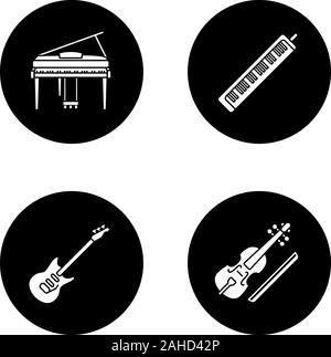 Strumenti musicali glifo set di icone. Pianoforte, melodica, chitarra elettrica, viola. Vettore silhouette bianca illustrazioni di cerchi neri Illustrazione Vettoriale