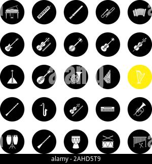 Strumenti musicali glifo set di icone. Attrezzature dell'Orchestra. Corde e vento, strumenti a percussione. Vettore silhouette bianca illustrazioni in nero circ Illustrazione Vettoriale