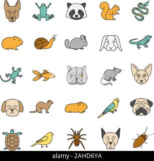 Animali domestici le icone a colori set. Animali esotici. Roditori, uccelli, rettili, insetti, cani e gatti. Isolato illustrazioni vettoriali Illustrazione Vettoriale