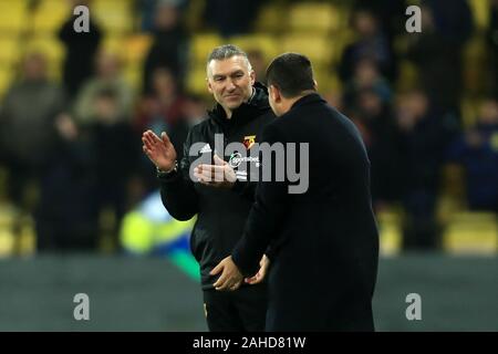 Watford, Regno Unito. 28 dicembre, 2019. Watford manager Nigel Pearson dopo il match di Premier League tra Watford e Aston Villa di Vicarage Road, Watford sabato 28 dicembre 2019. (Credit: Leila Coker | MI News) La fotografia può essere utilizzata solo per il giornale e/o rivista scopi editoriali, è richiesta una licenza per uso commerciale Credito: MI News & Sport /Alamy Live News Foto Stock