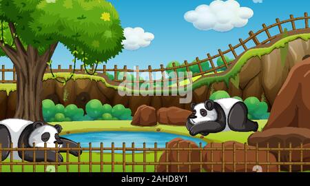 In scena con due panda in zoo illustrazione Illustrazione Vettoriale