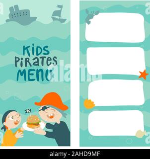 Versione stampabile kids menu pirata per ristoranti e caffetterie. Modello per bambini menu pirata. Illustrazione Vettoriale