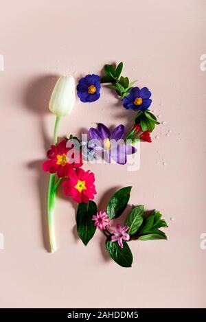 Pasqua la minima nozione. Lettera R realizzato da fiori di primavera sullo sfondo rosa Foto Stock