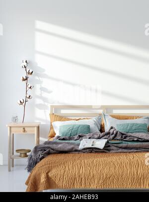 Mock up frame, parete in casa sfondo interiore, Bohemian camera da letto in stile scandinavo, 3D render Foto Stock