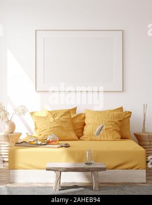 Mock up frame, parete in casa sfondo interiore, Bohemian camera da letto in stile scandinavo, 3D render Foto Stock