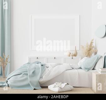 Mock-up fotogramma poster in camera da letto stile scandinavo, 3D render Foto Stock