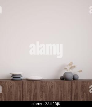 Parete mock up closeup con pietre ed erba in vaso sulla credenza, 3D render Foto Stock