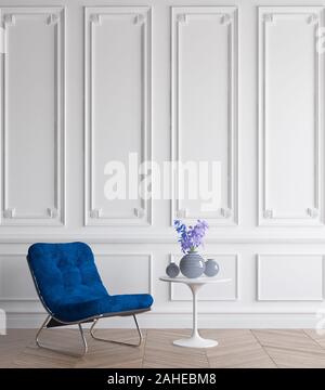Luxury classic interno con blu scuro poltrona, concetto classico colore blu dell'anno 2020 in interni, 3D render Foto Stock