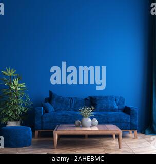 Gli interni moderni del soggiorno, il concetto classico di colore blu del 2020 in interni, 3D render Foto Stock