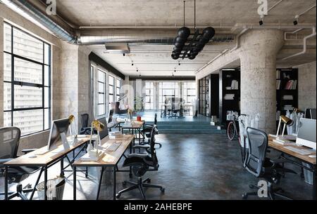 Ufficio interno nel soppalco, stile industriale, 3D render Foto Stock
