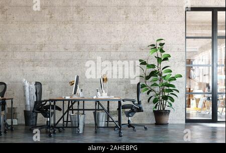 Ufficio interno nel soppalco, stile industriale, 3D render Foto Stock